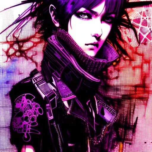 beautiful punk girl, hyper detailed, hyperdetailed, intricately detailed, illustration by <Yoji Shinkawa>, purple tones, darkred tones,