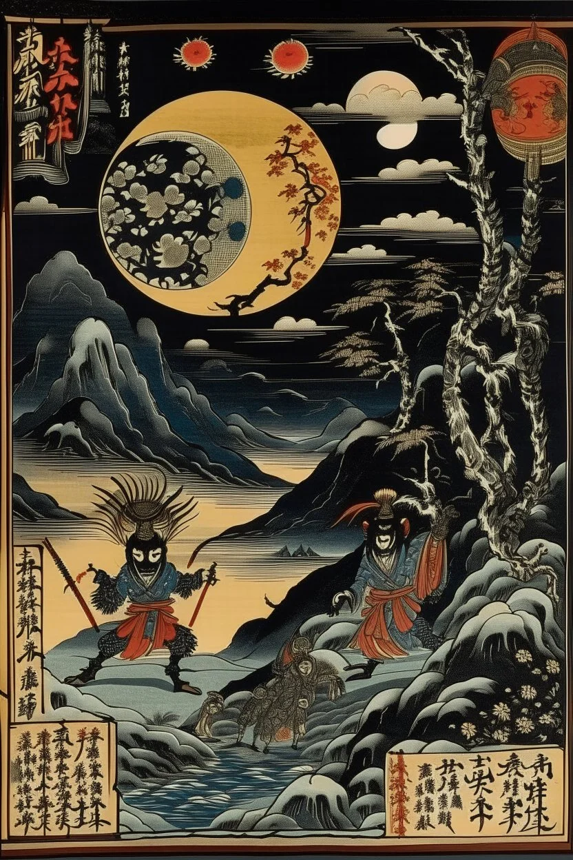 A black dark dimension with shadow monsters designed in Javanese shadow puppets painted by Utagawa Hiroshige