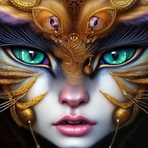 "Insanely detailed photograph of an elaborate beautiful cat goddess intricate glowing skin eyes intricate face hair lashes fur dress hyperdetailed painting by Anna Dittmann Huang Guangjian and Dan Witz CGSociety ZBrush Central fantasy art album cover art 4K 64 megapixels 8K resolution HDR Greek shiny space colours jewelry celestial hair eyes light"