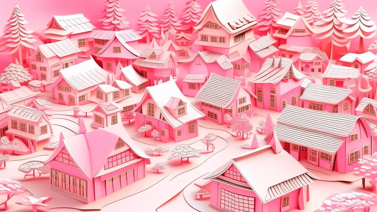A pink heavenly village with cupids designed in Japanese origami