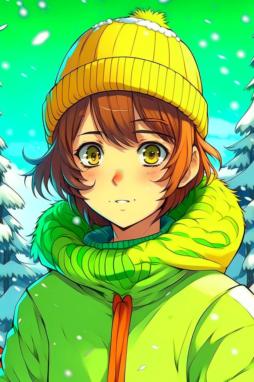 Girl with short brown hair, red eyes, green sweatshirt with a horizontal yellow stripe, he is wearing a Christmas hat, and in the background there are trees in the cold winter with lots of snow, Anime manga style