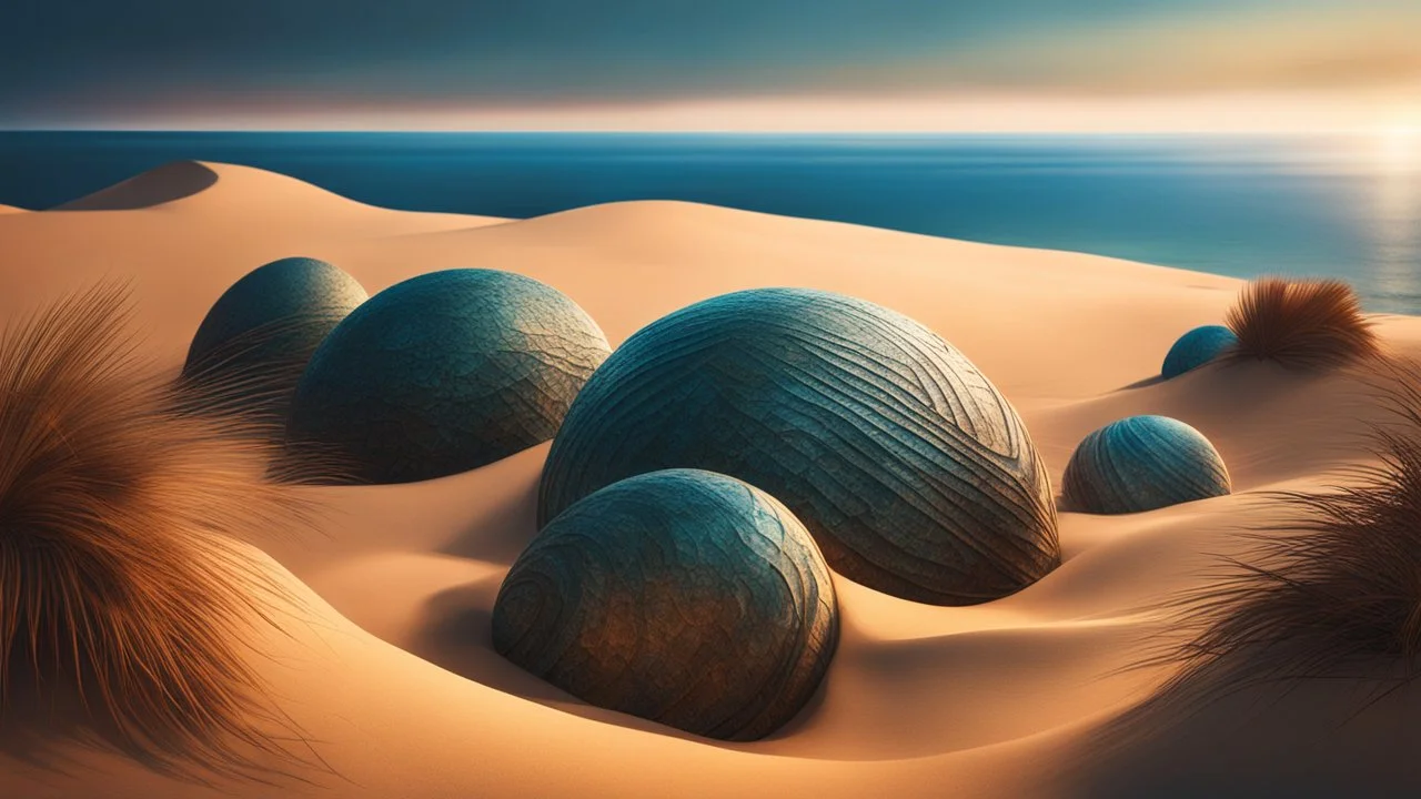 the coast of a desert seen from the top of a dune. dragon eggs on the beach. fantasy, cinematic lighting, hyper realisme, Hyperrealistic, splash art, concept art, mid shot, intricately detailed, color depth, dramatic, 2/3 face angle, side light, colorful background