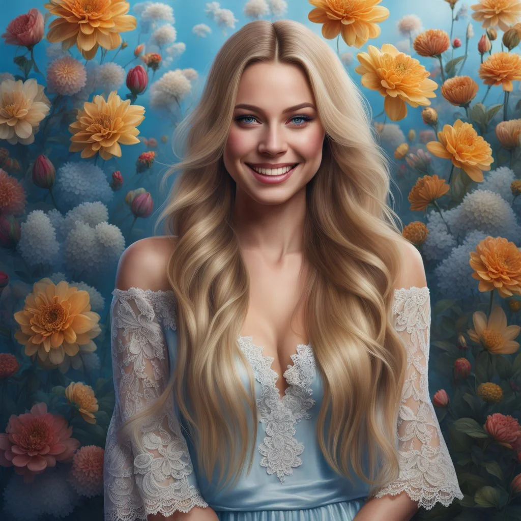 (best quality, 4k, 8k, highres, masterpiece:1.2), ultra-detailed, (realistic, photorealistic, photo-realistic:1.37),hyper realistic, full body gorgeous smiling 1woman,long hair,looking at viewer,realistic proportions,blue eyes,hair ornament,transparent lace dress,very long hair,flower,blonde hair,parted lips,necklace,white dress,blonde hair,lips,joyful pastel background,freckles,realistic,head wreath, pink flower,realistic portrait, dreamy fantasy landscape countryside,great pespective,crystal