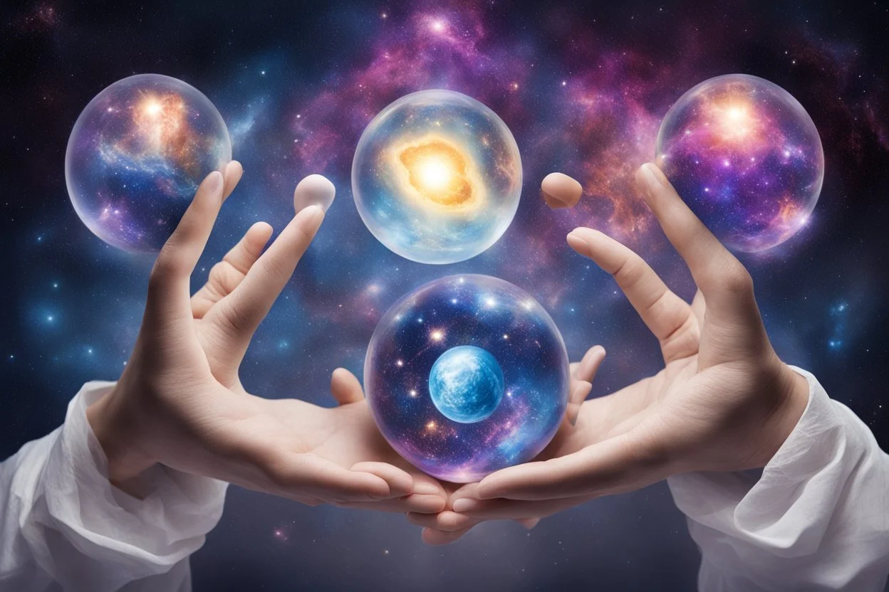 kundalini, connected to the universe, few colours of galaxy, holding galaxies in few hands in glass balls