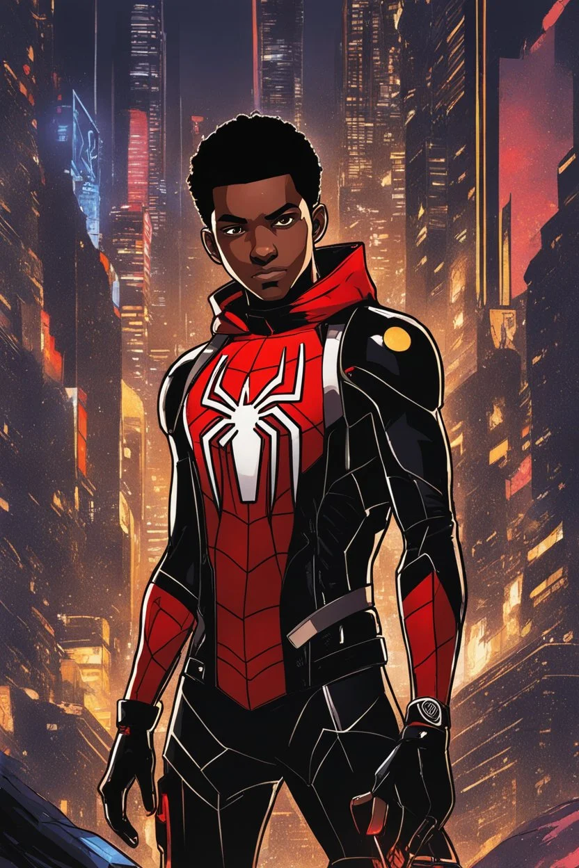miles morales mix with machine in solo leveling shadow artstyle, cyberpunk them, intricate details, highly detailed, high details, detailed portrait, masterpiece,ultra detailed,best quality
