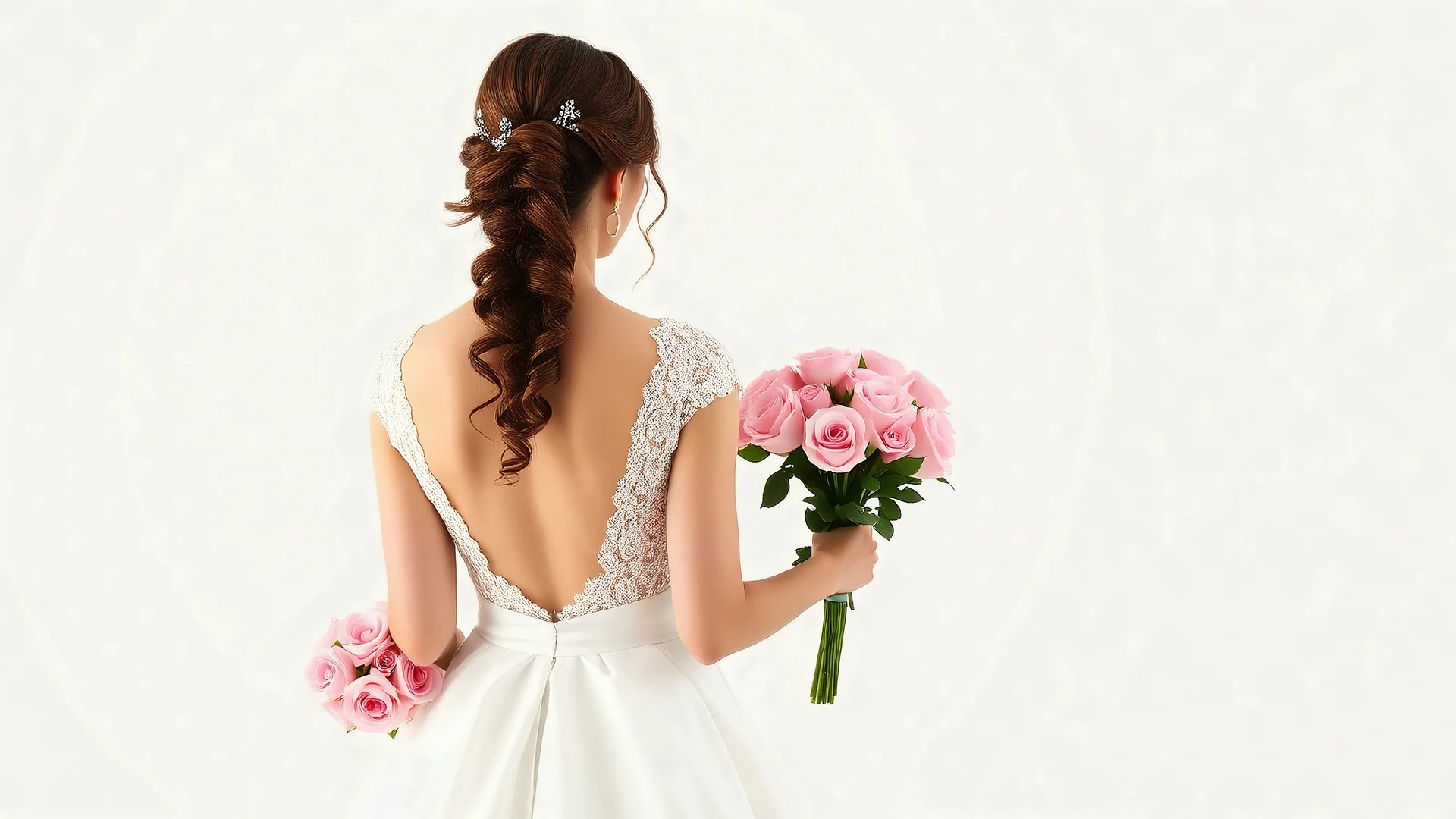 Back view of a bride in a white wedding dress with her face turned to the front with a bouquet of pink roses in her left hand on a white background