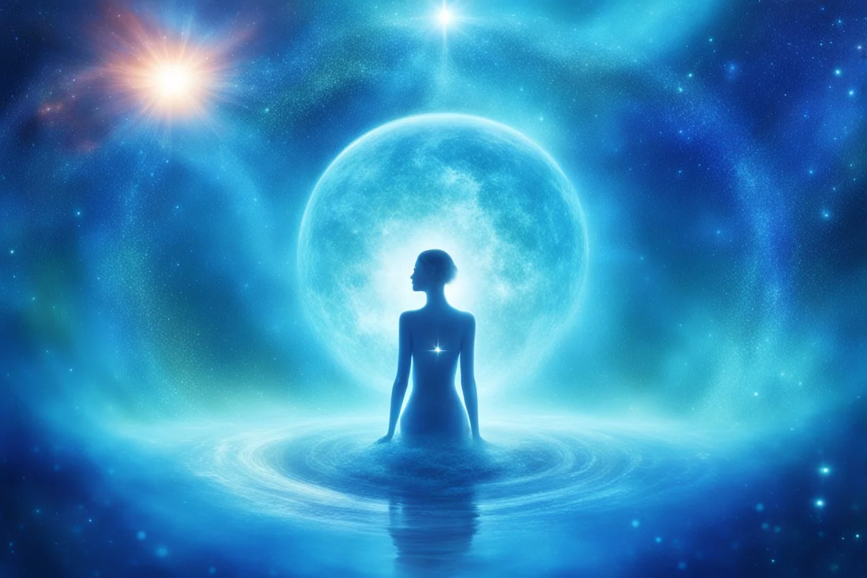 Immagine orizzontale elegante e spirituale per copertina evento Facebook. Sfondo cosmico blu scuro e turchese con stelle scintillanti, nebulose luminose e bokeh morbido. Al centro una figura umana stilizzata in silhouette luminosa che si dissolve nella luce, con la Terra (Pianeta Blu) sotto di lei. Atmosfera mistica, eterea e profonda. In alto grande testo elegante 'Acqua e il ritorno all’Origine'. Sotto in caratteri più piccoli: 'Venerdì 17 giugno ore 20:30'. Tono blu-turchese, luce dall'alto,