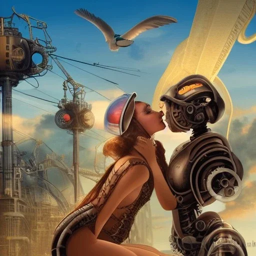 great illustrator, spanish, pencil sketch of a cute spanish girl kissing a cybergirl. steampunk style. Helmet with tubes. Girl with wings. Machinery in the background. Robotic bird flying. High details. 4k. unreal engine, sunset