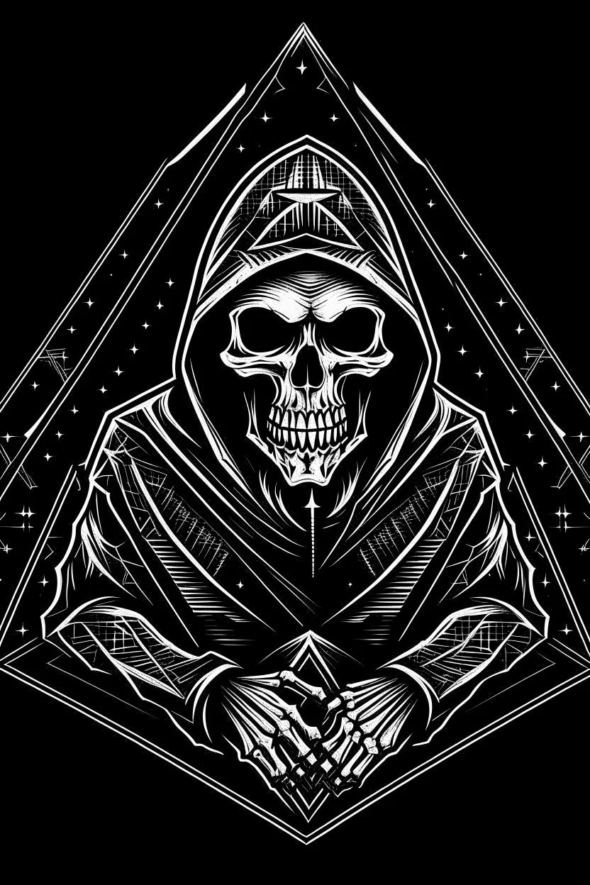 ed roth skeleton in a black hooded cloak drawn in a retro mascot style, inside a light diamond shape on a black background, monochromatic