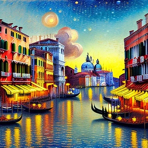 Dibujo al oleo de la ciudad Venecia con muchas nubes de colores estilo Vincent van Gogh