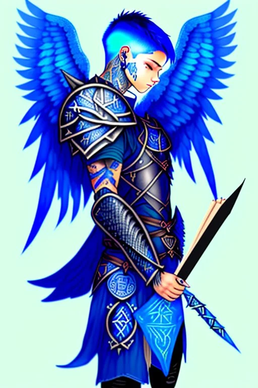 a person in runic armor with blue wings, blue short hair, runic tattoo and spell book