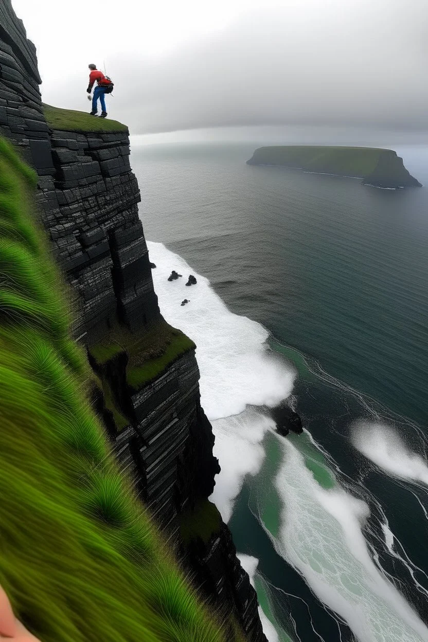 from first person view, we are climbing on the steep bluffs of ireland. below us is the powerful ocean, inspiring fear and chaos. The ocean swirls and churns into a great hole in the ocean, at the base of the cliff. Around us are steep cliffs, and above us is more steep cliffs, waiting to be climbed!