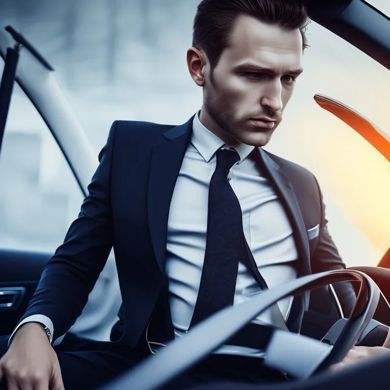 Man in suit, sitting at the wheel of his car, looking exhausted, tie untied, chin thinning