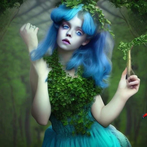 beautiful, girl, magical, blue eyes, short metalliv green hair, dressed with ivy, windy, mushroom forest, like alice in wonderland, rendering, high definition, 4k