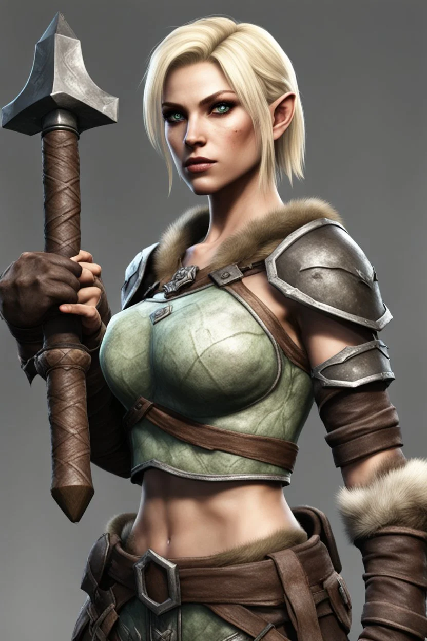 A female bosmer barbarian from Skyrim with dark brown eyes, blonde, short hair, holding orcish sledgehammer in hands