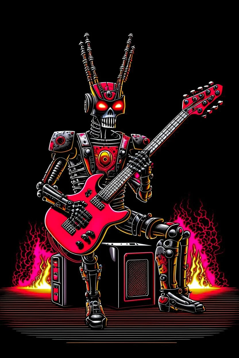 A robot, like a Terminator, with a red punk crest playing bass, black background, flames all around him.