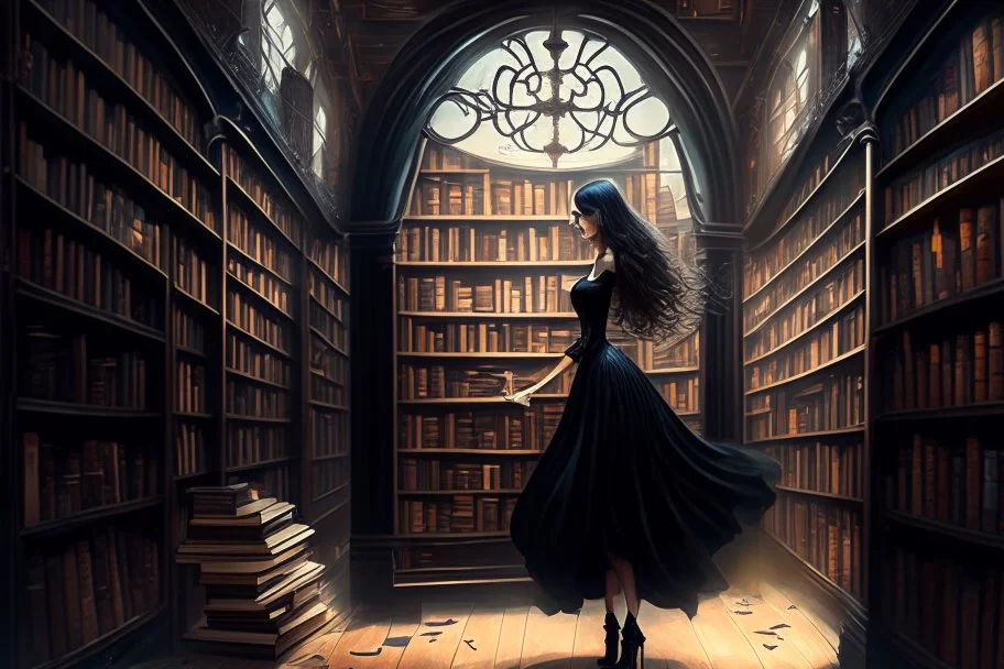 full-height shot of a woman in a tight black dress, inside a large magic book shop, books, bottles, windows