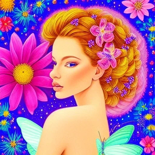 very beautiful portrait, bright fairy, , flowery landscape, cosmic atmosphere, perfect composition, 8k, super detailed, delicate flowers, complementary colours, intricate details, realistic