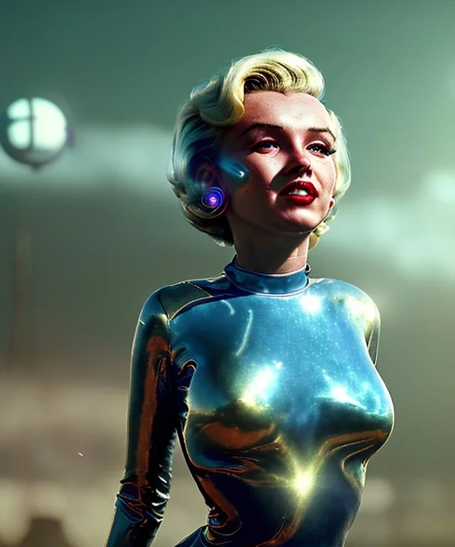 Ultra Realistic retro sci-fi 1960 scene, waist up view portrait, blonde woman, sweet young Marilyn Monroe face, perfect iris, tight latex coat, alien planet background, tight style, steel sphere dron levitating, fog, rain, soft color, highly detailed, unreal engine 5, ray tracing, RTX, lumen lighting, ultra detail, volumetric lighting, 3d, finely drawn, high definition, high resolution.