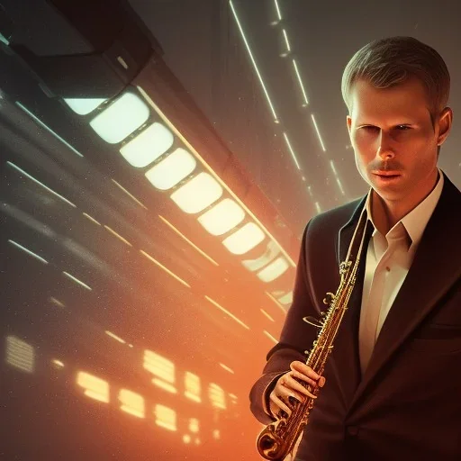 portrait of peter dobson playing saxophone, blade runner, low key lighting, volumetric light, digital art, highly detailed, fine detail, intricate, complex, octane render, unreal engine, photorealistic