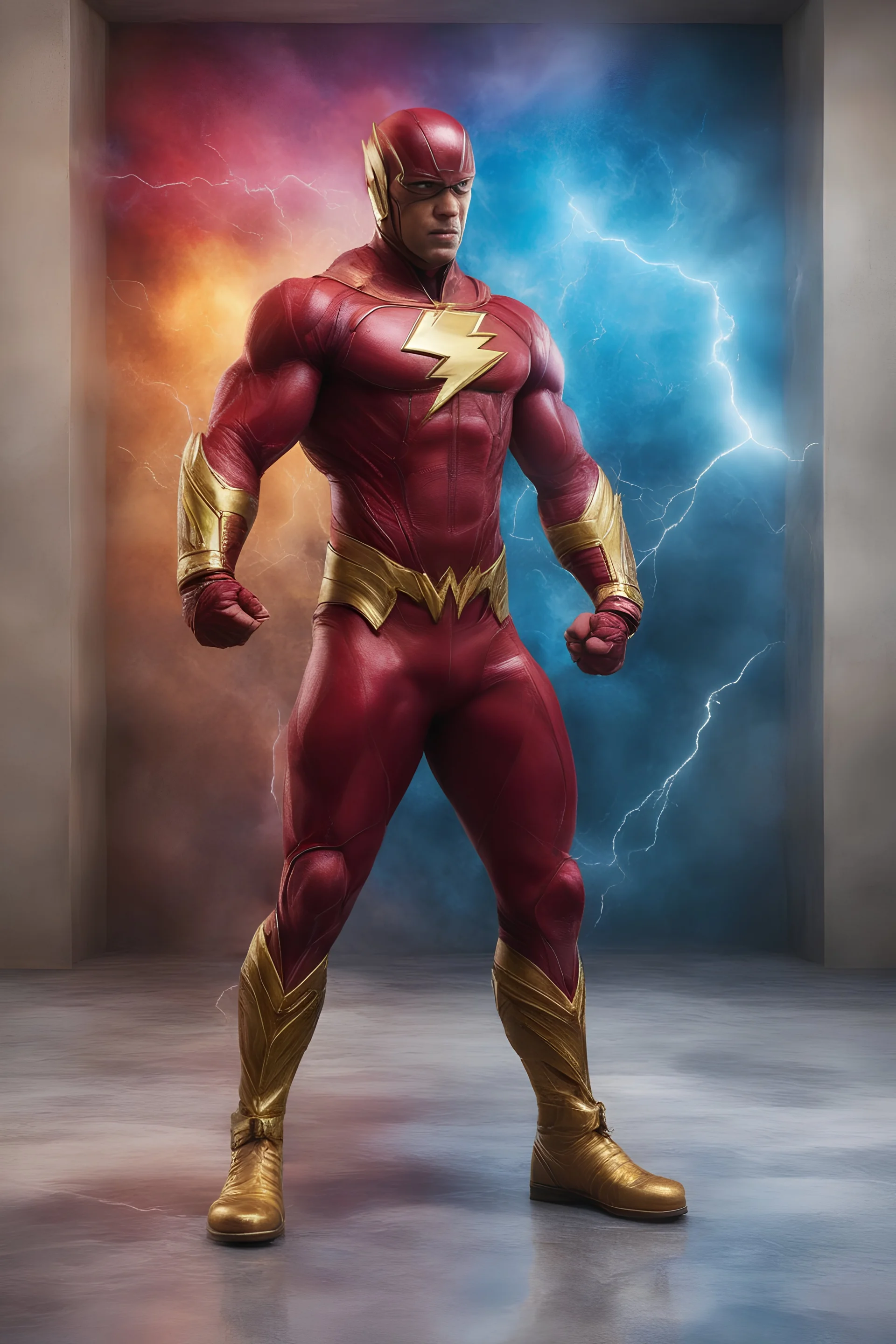 the Flash, Gold boots, extremely huge, overexaggerated muscles, posing and flexing in a front of the camera, random extreme action poses, an extremely colorful, multicolored foggy blue marble wall in the background with a colorful marble tile floor, multicolored lightning, realism engine,