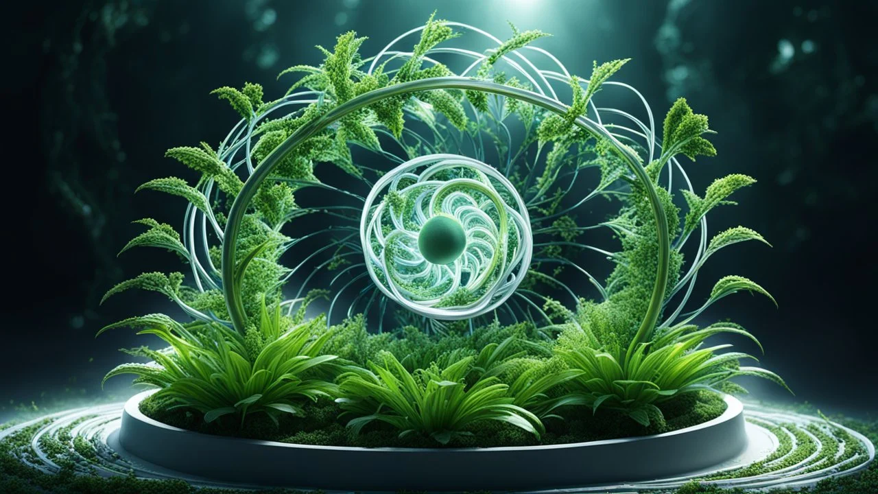 A genetically engineered plant emerges from a mesmerizing spiral, inspired by E. T. A. Hoffmann. This intricate 3D render depicts a fusion of primitivism and biochemistry, showcasing a fascinating blend of RNA bioweapons, xenobiology, and the morphing DNA helix. The image portrays a bioorganic concept of a mechanically evolved life form, born out of DNA experiments.