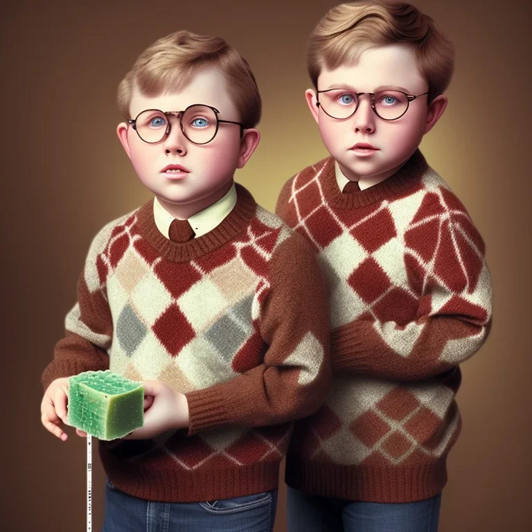 lone peter billingsley is a chubby kid with glasses, gripping a single Dark red soap bar, ((brown))argyle sweater