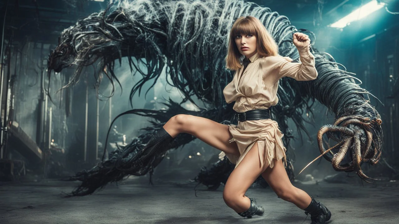 Full-body retro photo of a woman with straight hair and a Fringe, in a fight with a monster, wrapped in tenacles, in an action pose, sci-fi Background