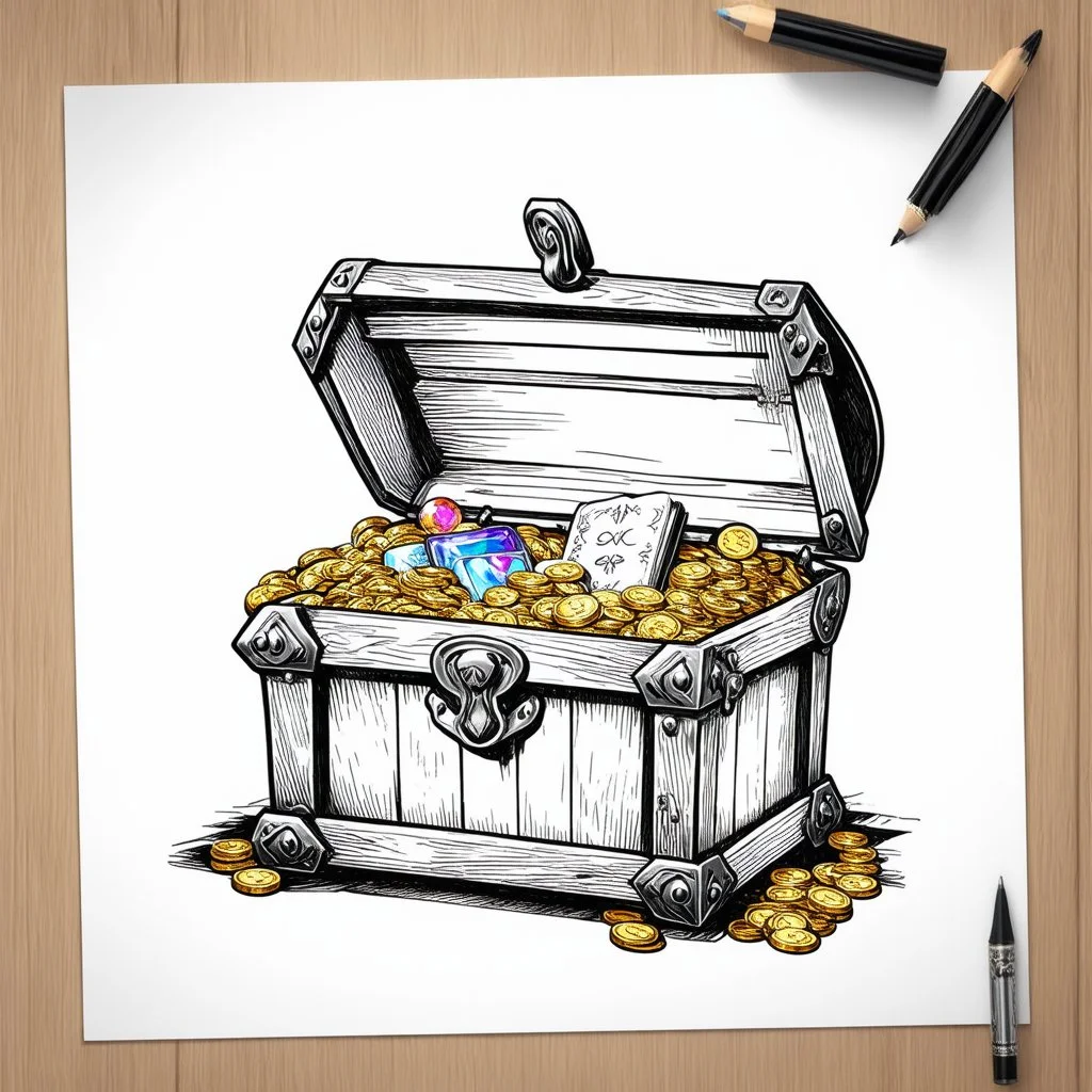 Make black and white cute drawing of a Treasure Chest with black bold lines. Only outline, no grayscale. A wooden chest with ornate metal fittings, overflowing with gold coins, sparkling jewels, and magical items like scrolls or glowing potions. Add a faint magical glow emanating from the chest.