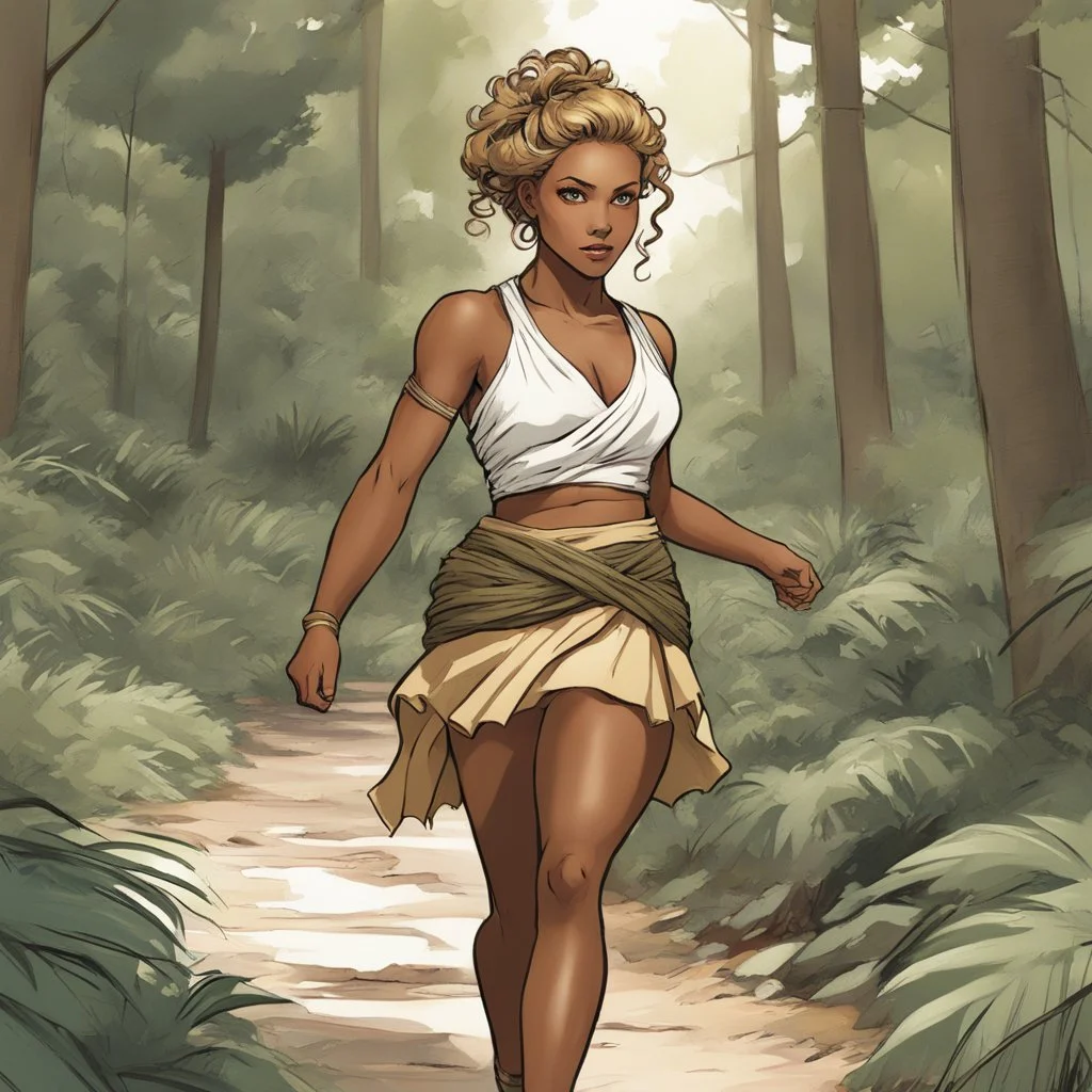 Drawn by Tradd Moore, colored by Heather Marie Lawrence Moore for Lean and muscular, skin tanned nearly bronze greeck girl tracking through the forest and brush. Showing her mini-skirt. Blonde Curly hair in a messy bun and severe look, wearing greek toga .