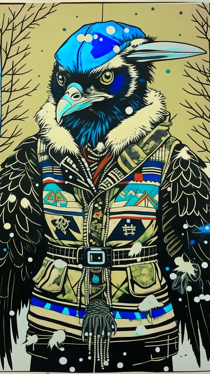 A contemporary serigraphy portrait by Kunisada of a crow adorned in a punk leather jacket within a snowy Christmas atmosphere.