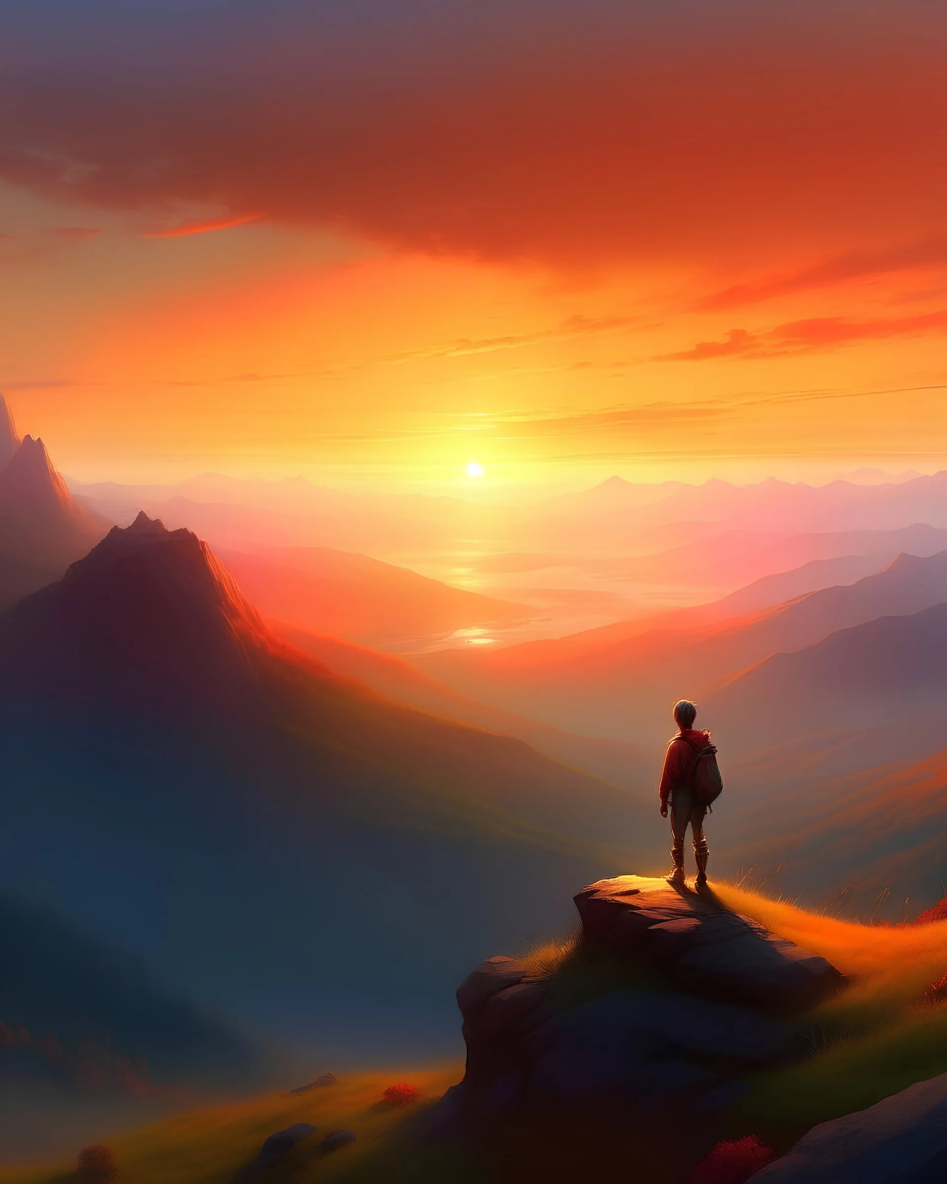 A lone adventurer stands on a mountain peak, observing the sunset's splendor. The landscape is vast, with rolling hills and distant valleys. The atmosphere is one of serenity and fulfillment, with a gentle breeze ruffling the adventurer's clothing. Artwork, made with digital illustration techniques, accentuating the vivid colors of the sunset. --ar 16:9 --v 5