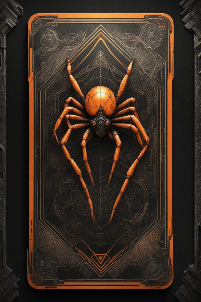 sacred geometry framed playing card, black and orange spider gremlin with shadows boss card in the style of Giger and fallout 4 ,,bokeh like f/0.8, tilt-shift lens 8k, high detail, smooth render, down-light, unreal engine