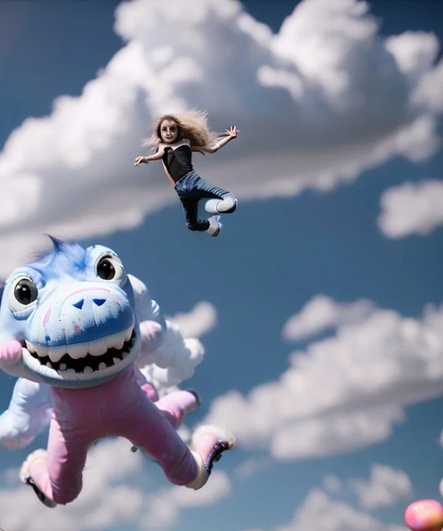 Ultra realistic clouds sky scene, wide angle, sweet childs falling down, free jumping flying, many trinkets, monster hair, hair monster, jelly beans, balls, smile, happy, circus style, inflatable color clothing, extreme, wind, clouds sea, 20,000 feet altitude, stratosphere, soft color, highly detailed, unreal engine 5, ray tracing, RTX, lumen lighting, ultra detail, volumetric lighting, 3d, finely drawn, high definition, high resolution.