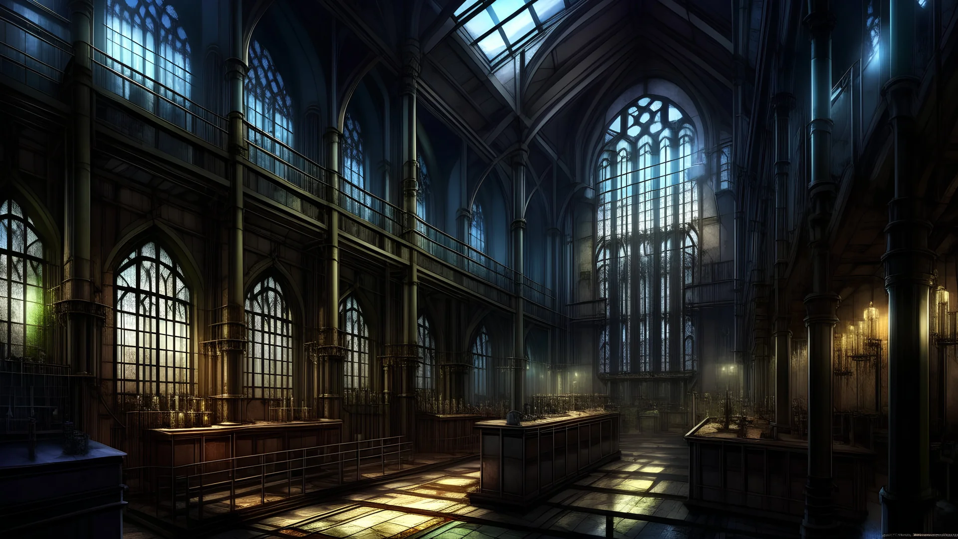 Inside a gothic, industrial factory with stained glass windows. Heavy machinery, some machines are broken. Several rows of machines stretch away from the viewer. Night time, sodium lamps.