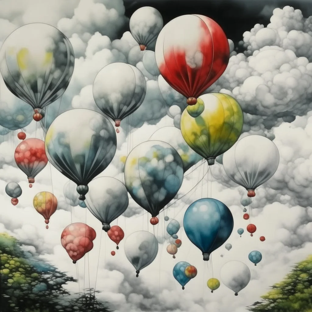 A white cloudy sky with balloons painted by Hashimoto Gahō