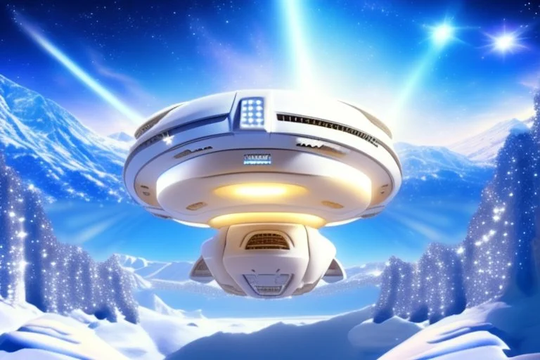 white spaceship ufo with light in the below. the landscape is a fairy colourfull forest with snow sweety mountains. the sky is blu with stars and brightness beam