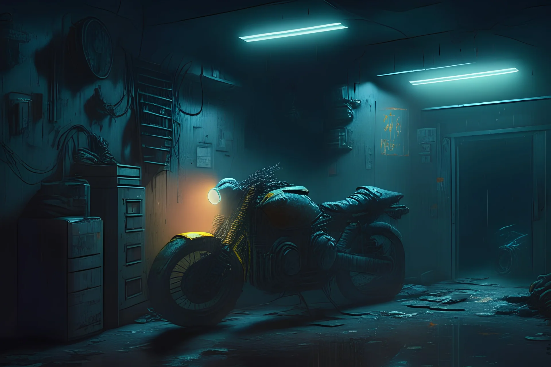 dimly lit grimy cyberpunk security room with a single motorcycle inside