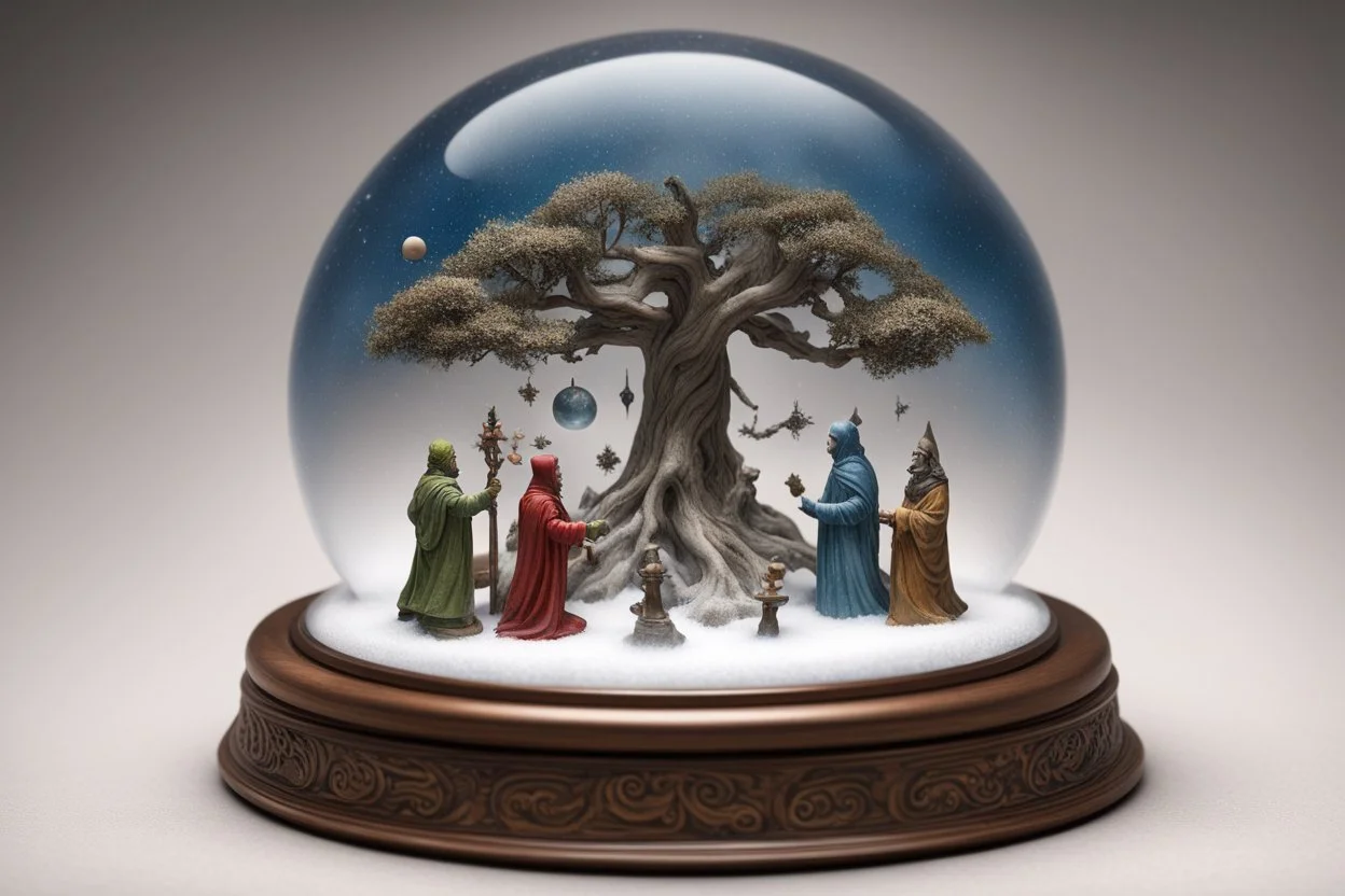снежный шар, ось мира, Вокруг основания дерева можно разместить миниатюрные фигурки, символизирующие различные миры или слои реальности (например, мир богов, мир людей, мир духов). Каждый мир может быть выполнен в своем стиле и цвете. На основании шара можно разместить компас или символы, обозначающие стороны света. Каждая сторона света может быть связана с определенным элементом (огонь, вода, земля, воздух).