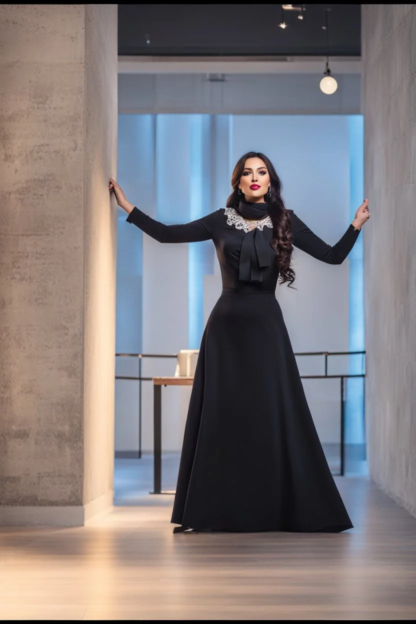 full body of very beautiful lady midi skirt and blouse , curvy hair with small cap and lace scarf ,standing idle happy pose in studio pretty makeup