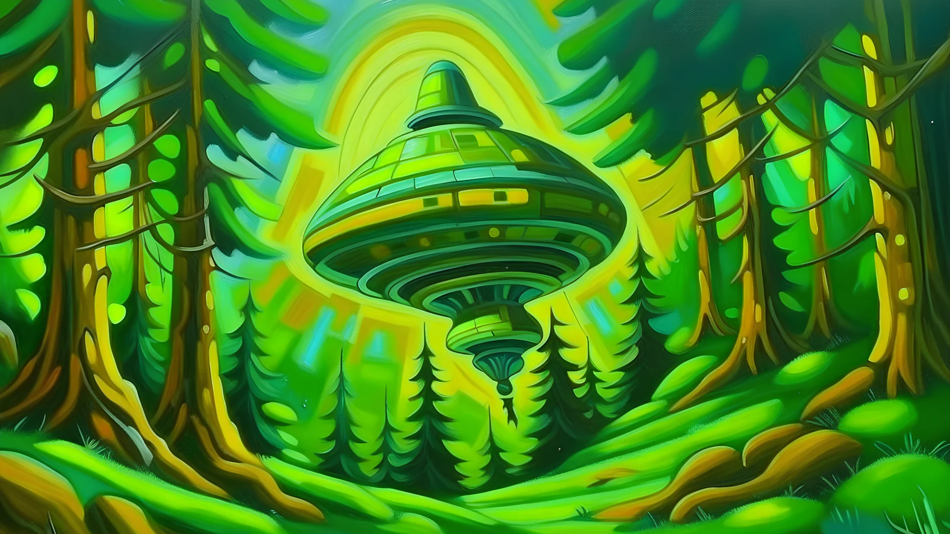 Epic framed oil painting of classic cubism large ufo in forest lifting avocados florescent