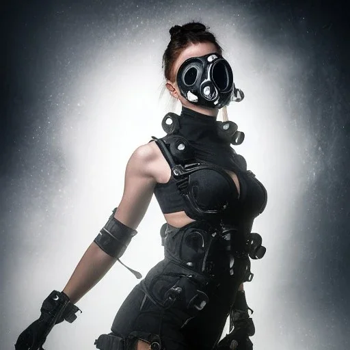 portrait of beautiful woman wearing ultra cyberpunk dystopian fashion, gas mask, ripped clothing, mist and fog, 8k, high-quality, ultra-fine detail, Brian Froud, Howard Lyon, Anna Dittman, Anne Stokes, Selina French, Greg Rutowski