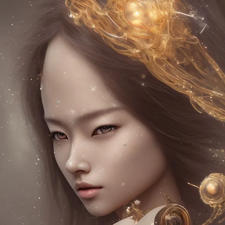 a wonderfull japanese woman, curves, cyborg, platinum long hair, hair covering one eye, ultradetailed fine art photo of a indian, weet face portrait, snow flakes particles, 8 mm lens, golden ratio composition, detailed face, studio photography, very detailed,masterpiece, artstation, 8 k, highly coherent