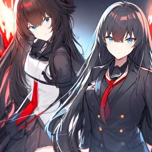 Clear focus, High resolution, long black fluffy hair, blue eyes, wearing a black sailor uniform, red tie, yandere, rough line sketch, dark aura, holding a katana