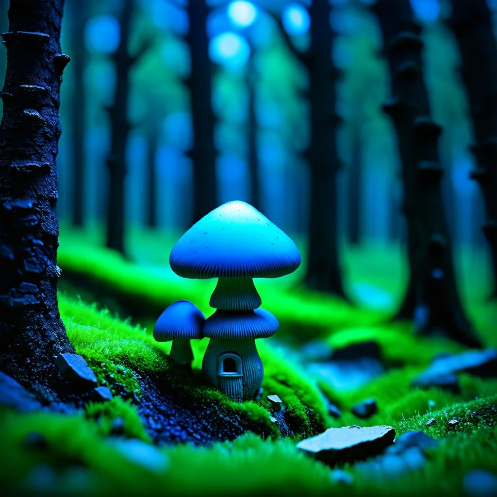 "Close up of a wonderful tiny Mushroom Tower home. blue and green with bright white, deep black and contrasting tones of gray. Illuminated bioluminescent forest. Professional painter, master at composition. small but detailed. broken, blurred background, voluminous lighting"