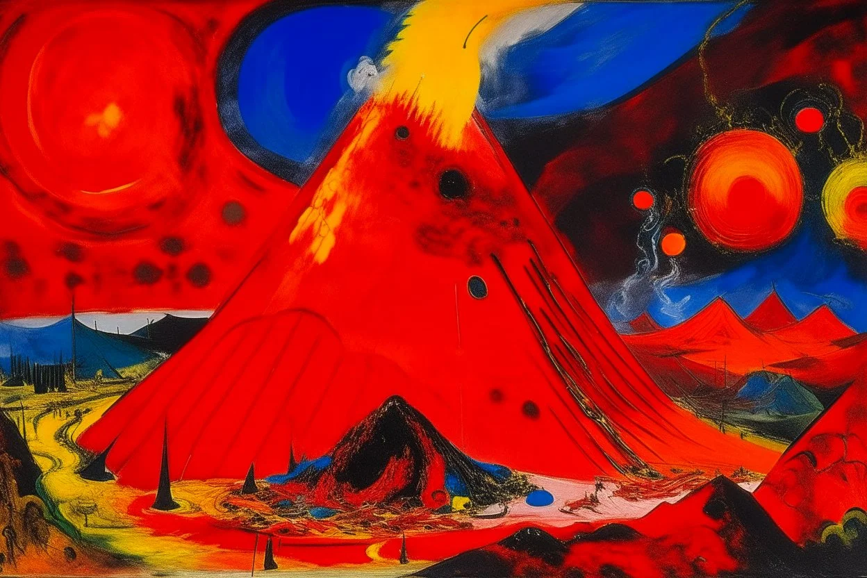 A red volcano with pyrokinetic fire painted by Wassily Kandinsky