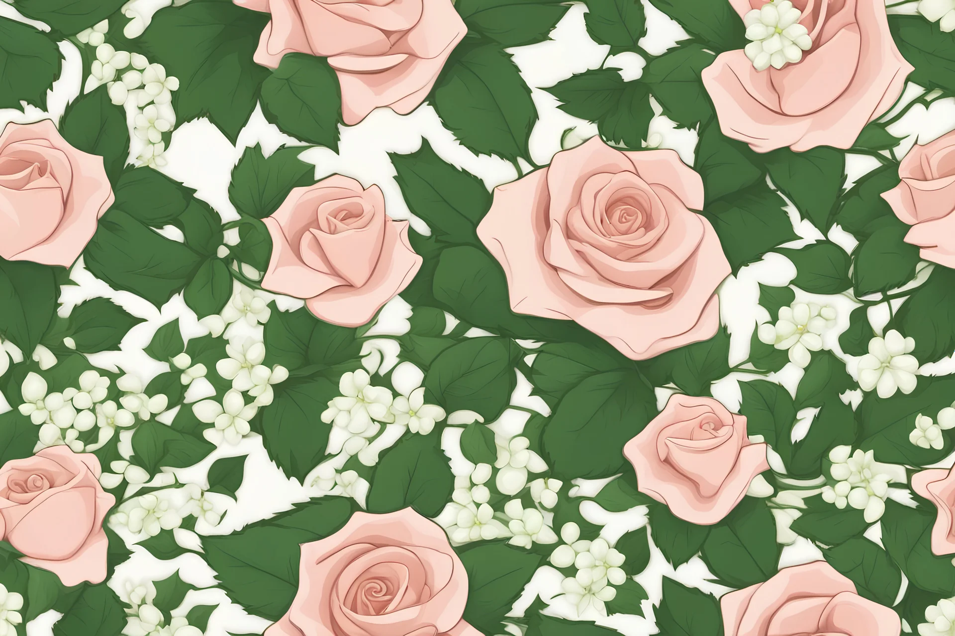 cartoon style style roses with green leaves and ivy with small white flowers