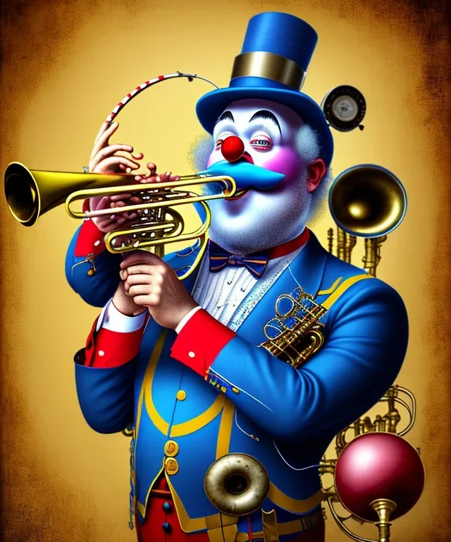 mechanoid old friendly fat clown with trimmed beard playing jazz with a steampunk theme, trumpet, realistic