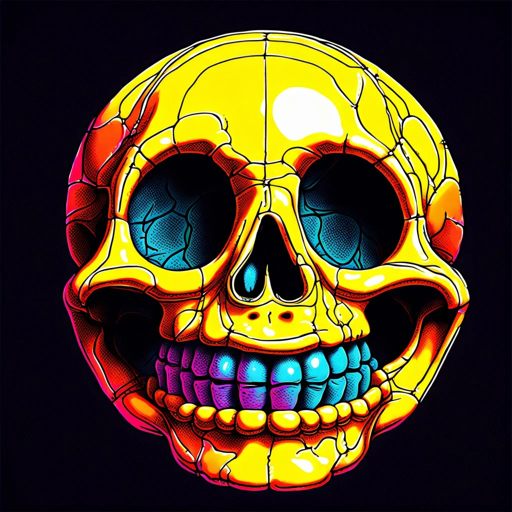 ANATOMICALLY CORRECT SKULL OF A SMILEY FACE hand drawn by davinci with fine line neon ink