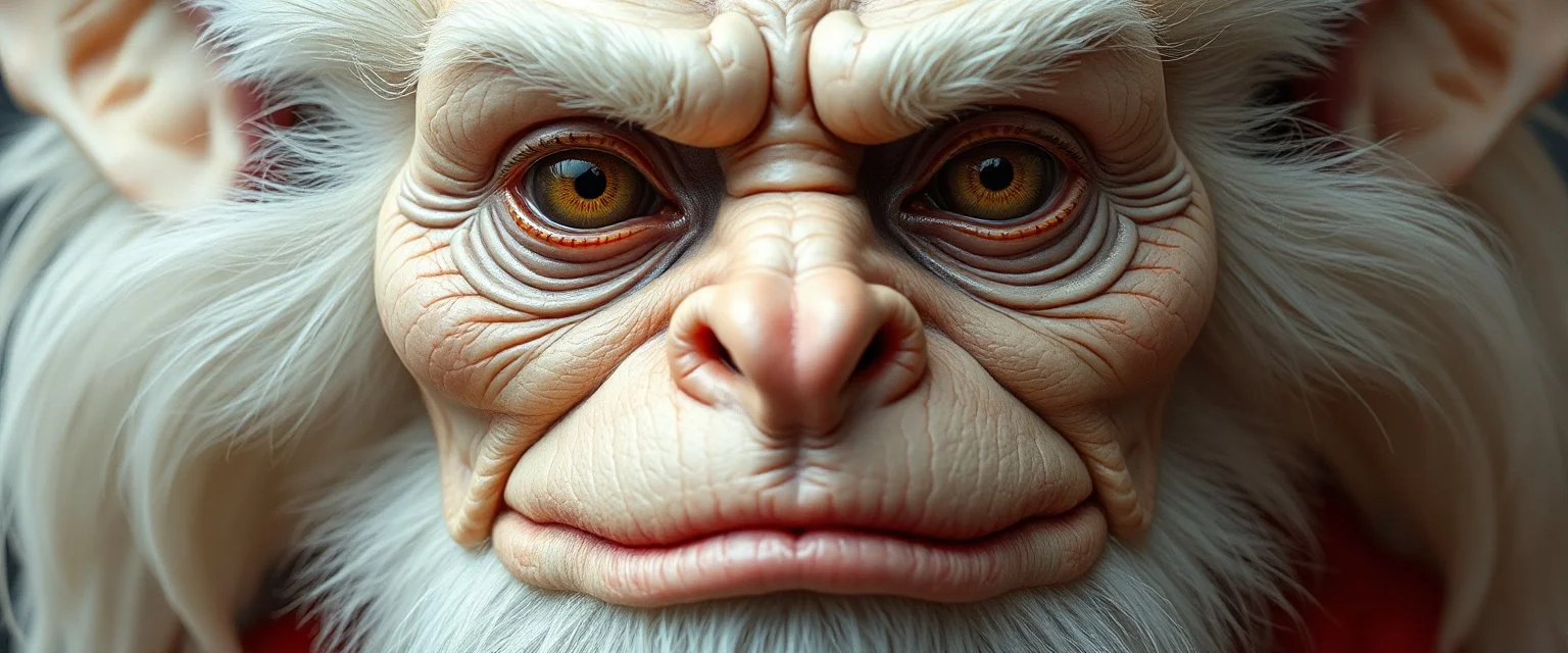 close up portrait of high judge with smooth grainy skin fine pores and real skin texture, clear transparent skin, wise eyes, hairy macho gremlin disco albino limbo